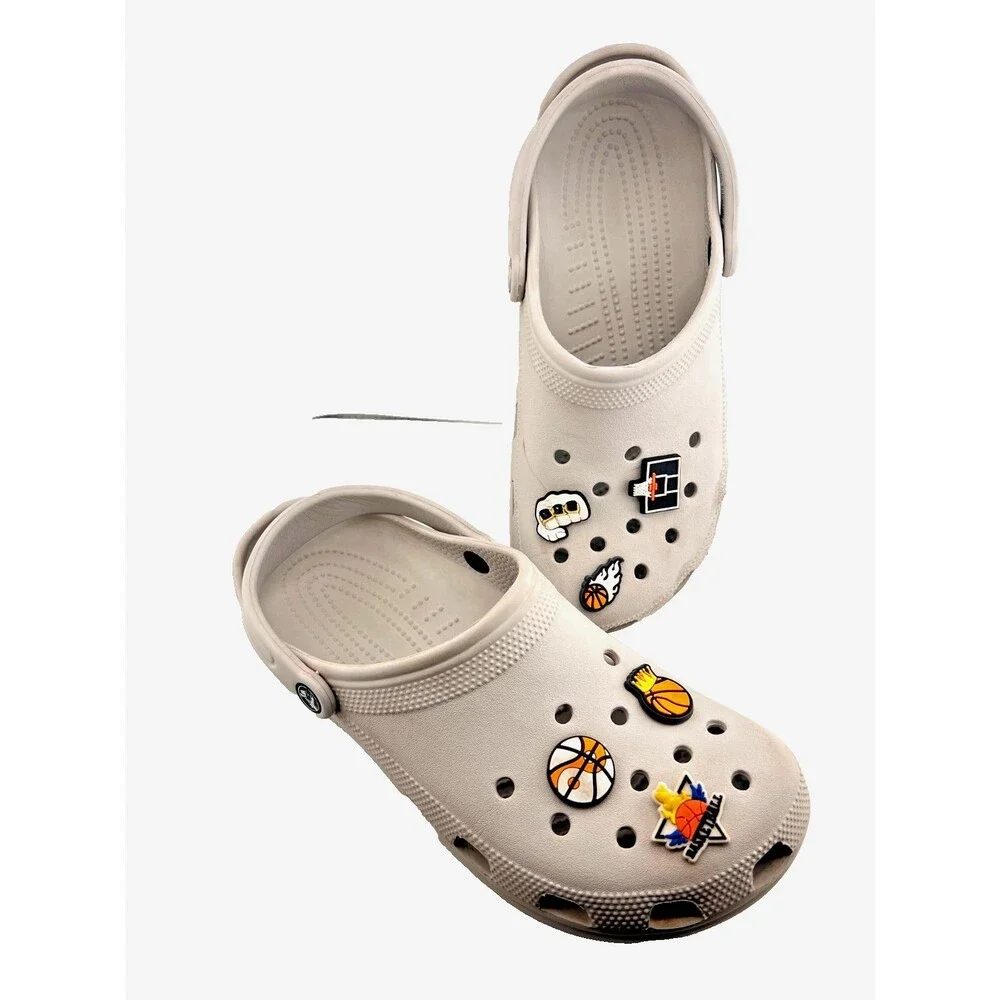 Crocs Classic Clog Gray Slip On Shoes Men's 10 Basketball Charms Summer Casual